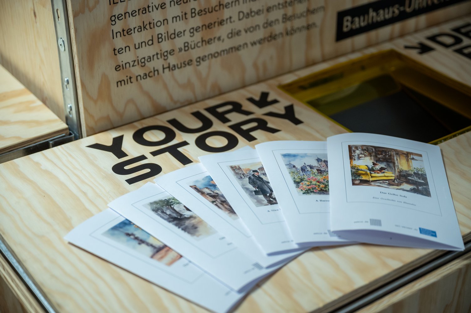 Printed story booklets fanned out on the wooden Illumulus booth, next to the words YOUR STORY