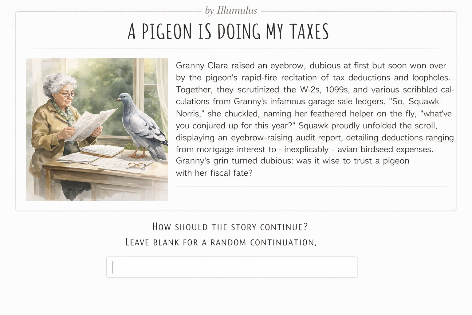 Screenshot of an Illumulus story act titled 'A Pigeon Is Doing My Taxes' with a watercolor illustration of an elderly woman and a pigeon studying tax documents